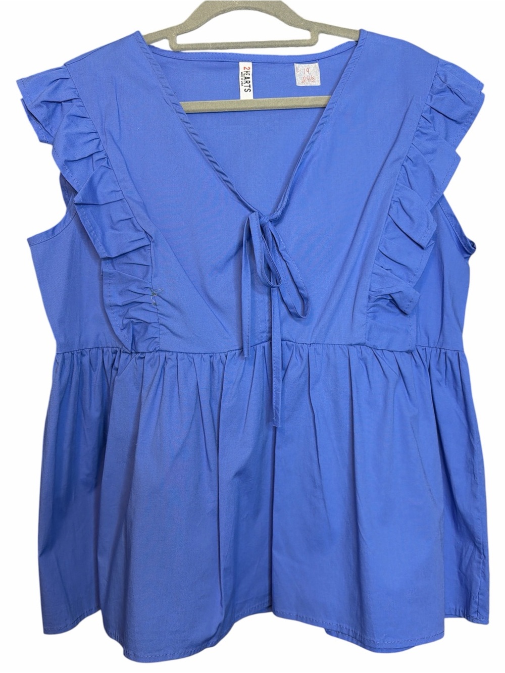 2 HEARTS Blue Ruffle Tie-Front Babydoll Peplum Top Blouse Size Large